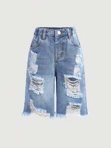 女童蓝色牛仔破洞宽松短裤 - 淺色水洗藍 - 查看 8