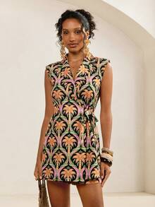 Tropical Plant Print Wrap Sleeveless Jumpsuit, Summer - Multicolor - View 3