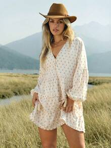 WESTFADE Floral Block Print V Neck Tie Button Front Tiered Long Sleeve Babydoll Mini Dress,Beige,Autumn,Cottage Core,Vacation,Holiday,Boho,Western Cowgirl Wear - Multicolor - View 3
