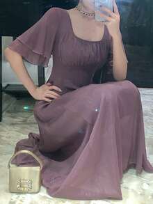 Women's Solid Color Pleated Square Collar Ruffle Sleeve Elegant Party Dress Sundress - Purple - View 6