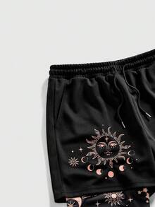 ROMWE MEN Street Life Men's Star & Moon Print Drawstring Waist Double Layer Shorts - Black - View 3