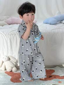 两件套幼儿男童卡通印花翻领休闲衬衫上衣和裤子舒适睡衣套装 - 灰色 - 查看 6