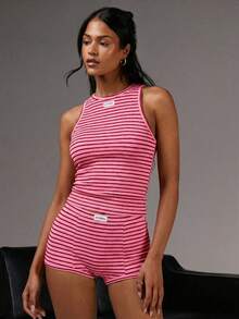 Athîral Women's Casual Daily Commute Letter & Striped Print Fitted Tank Top And Shorts 2 Pieces Set, Summer - Pink - View 3