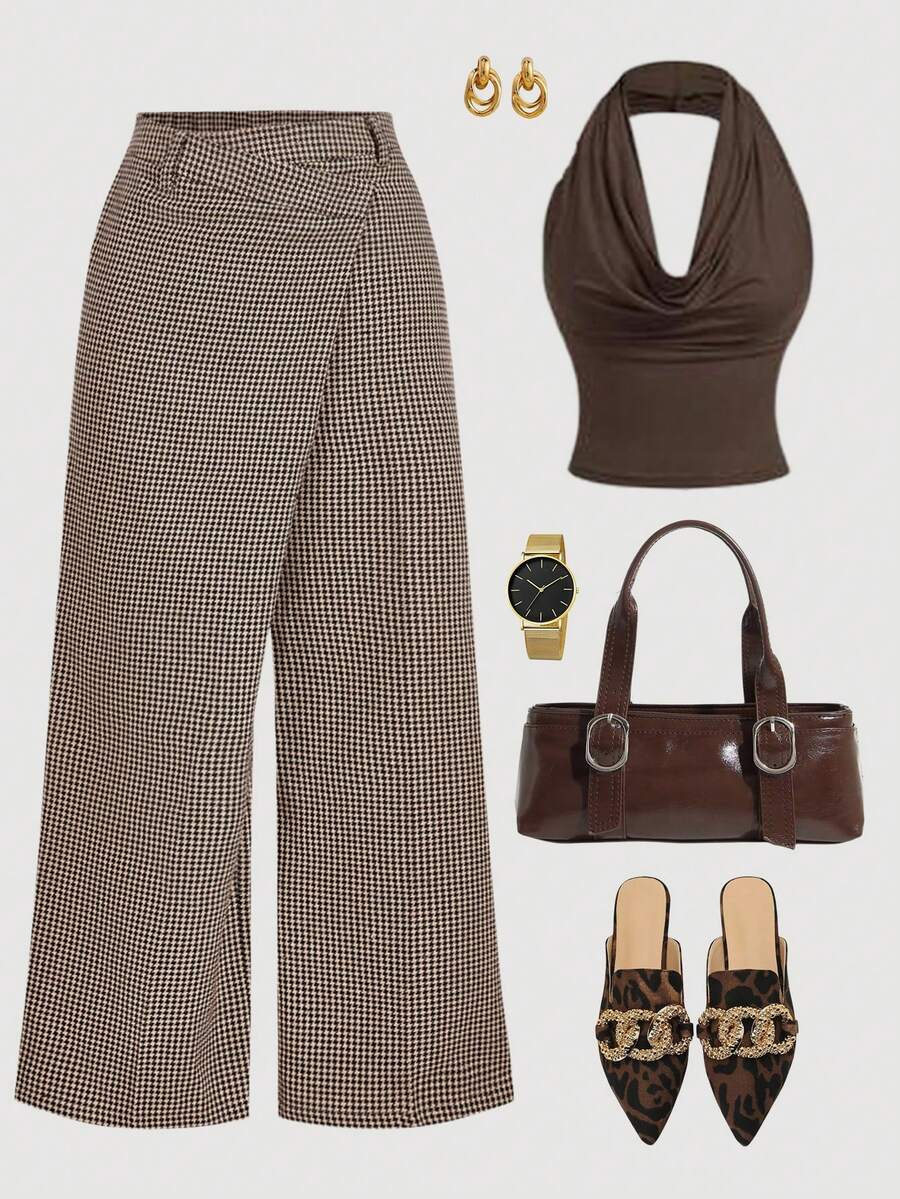 SHEIN MOD 大码复古千鸟格不对称翻领西装裤，时尚设计，优雅的办公室着装，老钱风格 - 彩色 - 查看 1
