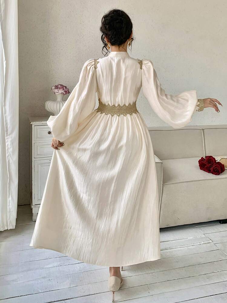 Women's Elegant Stand Collar Puff Sleeve Contrast Color Lace Patchwork Dress, Spring/Summer Wedding Guest Dress Sundress