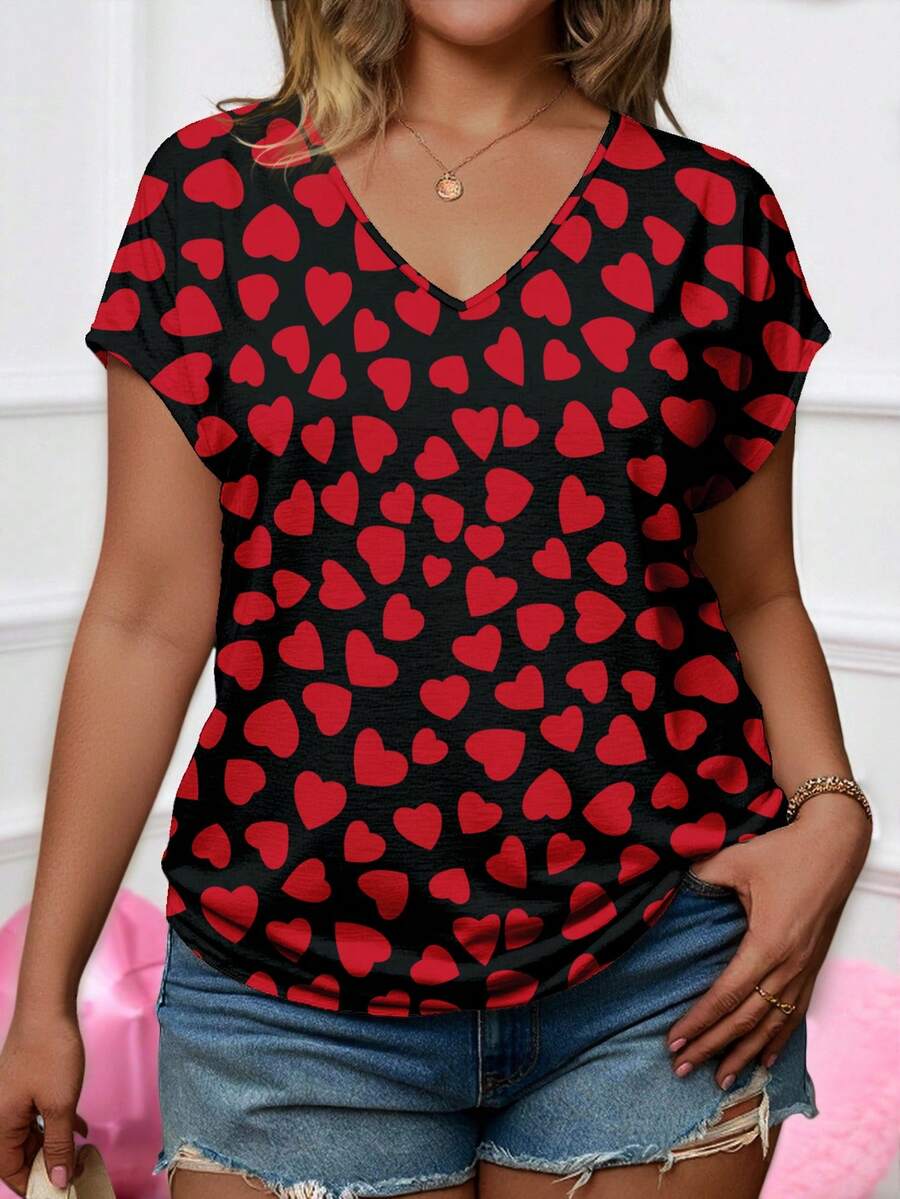 EMERY ROSE Plus Size Women Heart Print V-Neck Raglan Sleeve T-Shirt, Casual & Comfortable Top - Multicolor - View 1