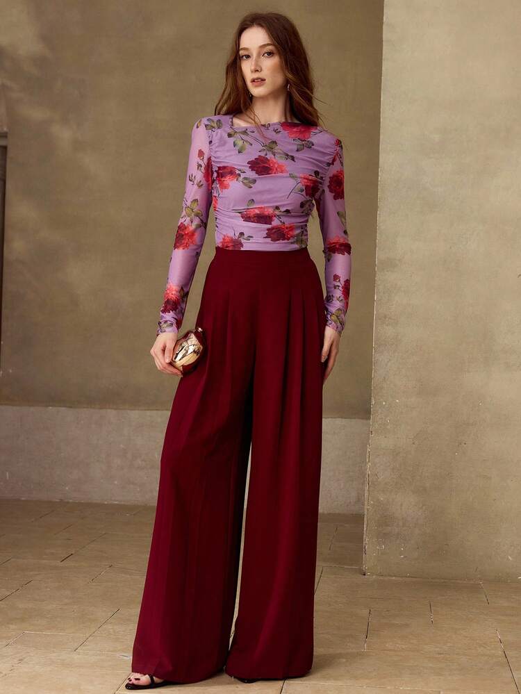 WOMEN'S ROSE PRINT LONG SLEEVE T-SHIRT, SUITABLE FOR DATES, SPRING/SUMMER