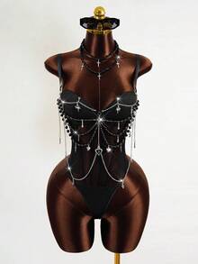 Mistrie Damen Slim Fit Sexy Träger Ketten Dekor Bodysuit, geeignet für Musikfestivals, Frühling/Sommer - Schwarz - Übersicht 2