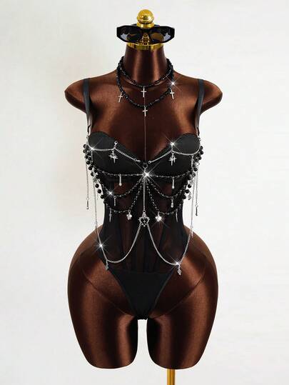 Zestiva Body sexy de tirantes finos con cadena para mujer, ajustado, ideal para festivales de música, primavera/verano.
