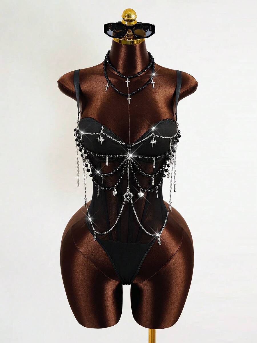 Zestiva Women's Slim Fit Sexy Spaghetti Strap Chain Decor Bodysuit, Suitable For Music Festivals, Spring/Summer - Black - View 1