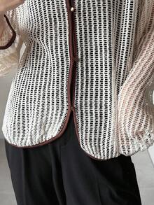 FRIFUL Women's Round Neck Open Front Mesh Contrast Trim Regular Jacket - Beige - View 6