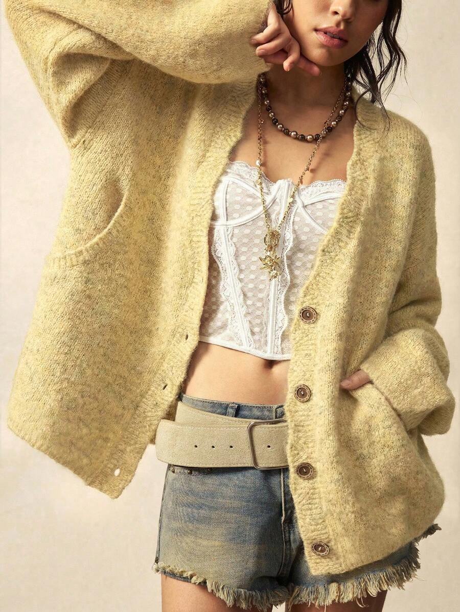 Bohemela 复古宽松针织前开襟纯色休闲长袖开衫 - 淡黃色 - 查看 1