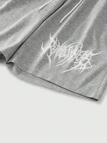 ROMWE MEN Street Life Short décontracté pour hommes avec taille à double couche et décoration de strass, avec cordon de serrage - Gris - Voir 5