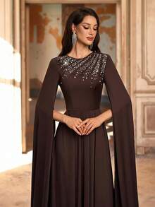 Aureia Elegant Coffee Brown Stretch Satin Formal Evening Dress,Luxurious Hand-Applied Rhinestones,Round Neck,Flowing Sleeves,A-Line Silhouette With Train - Coffee Brown - View 3