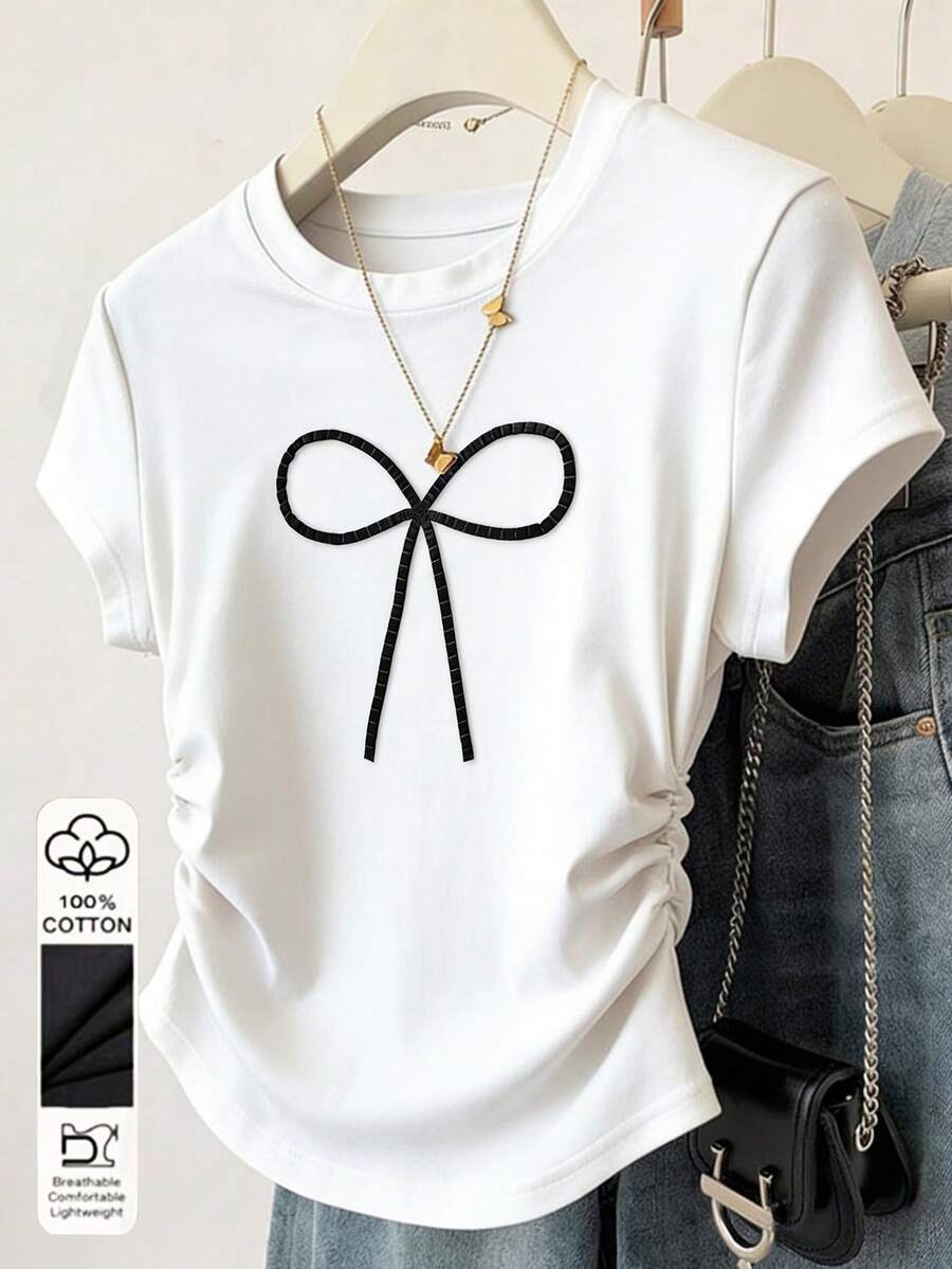 EMERY ROSE Áo thun nữ tay ngắn cổ tròn kiểu dáng thường ngày, có nơ trang trí, đa năng. - trắng - Xem 1