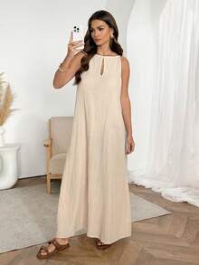 Easowa Solid Textured Knit Keyhole Neckline Sleeveless Dress - Apricot - View 1