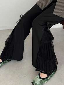 FRIFUL 女士纯色蕾丝拼接优雅喇叭裤 - 黑色 - 查看 1