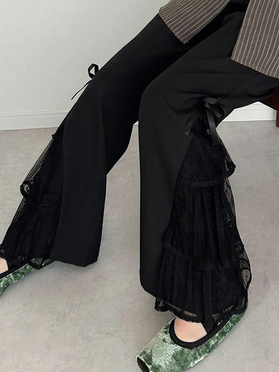 FRIFUL 女士纯色蕾丝拼接优雅喇叭裤 - 黑色 - 查看 1
