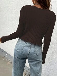 Almamuse Áo khoác cardigan nữ kiểu dáng thường ngày, viền bèo nhún, thắt nơ phía trước, thích hợp cho mùa Thu/Đông. - Màu nâu Sô-cô-la - Xem 2