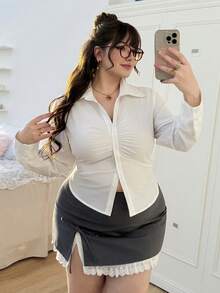SHEIN EZwear Blusa blanca de manga larga, de corte slim, con cuello alto y frente plisado, de un solo abotonadura, adecuada para el trabajo y el uso diario, para primavera/verano, tallas grandes para mujeres - Blanco - Ver 9