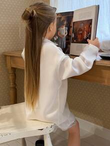 DAZY Young Girls Lace Patchwork Satin Loose Shirt Top & Super Shorts Loungewear Set, Fall Spring - White - View 2