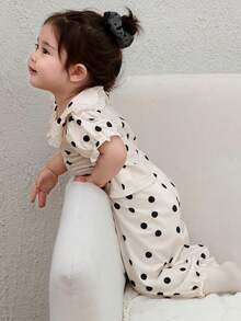 DAZY 女婴波点领刺绣上衣和裤子两件套，休闲家居服 - 米色 - 查看 4