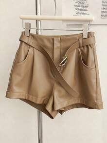 Airaco Quần short nữ dáng suông bằng da PU, màu trơn, kiểu dáng thường ngày, thích hợp đi làm. - Màu Khaki - Xem 3