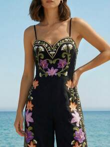 CAJUNI Women's Floral Print Wide Leg Jumpsuit, Fashionable Casual Holiday Outfit - Multicolor - View 3