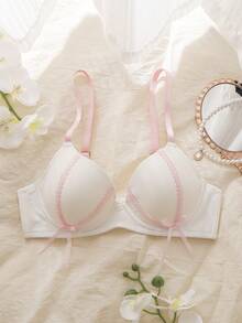 白色钢圈罩杯上托支撑聚拢提拉舒适半罩杯蝴蝶结蕾丝拼接可爱女士文胸 - 白色 - 查看 2