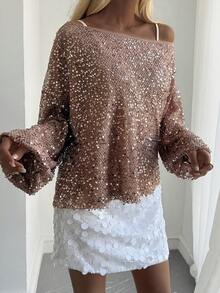 Livesso Women's Solid Color Sequin Off-Shoulder Long Sleeve Loose Top Carnival - Champagne - View 5