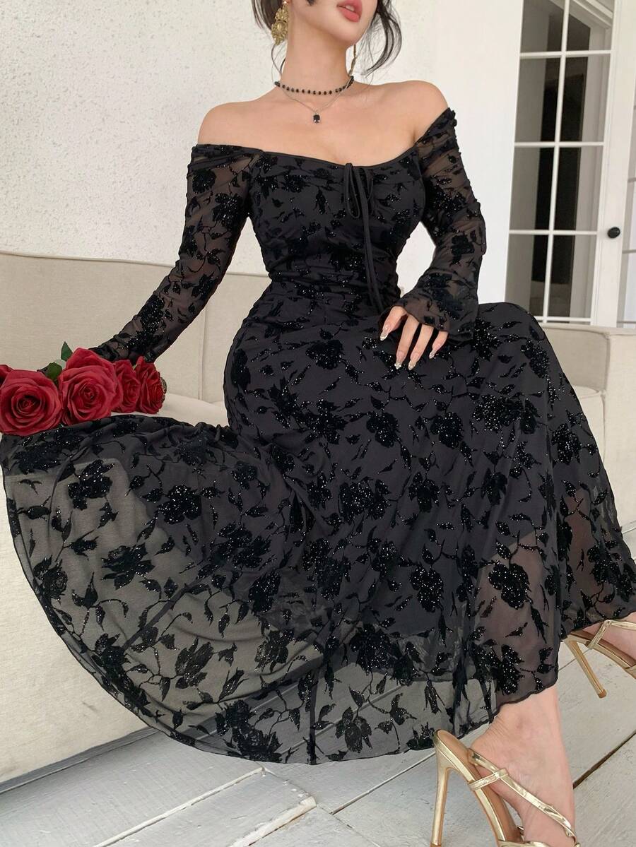 DAZY Vestido midi elegante con estampado floral negro y parches de malla, adecuado para el Día de San Valentín, bodas, fiestas y ocasiones formales, vestido ajustado para invitados de boda - Negro - Ver 1