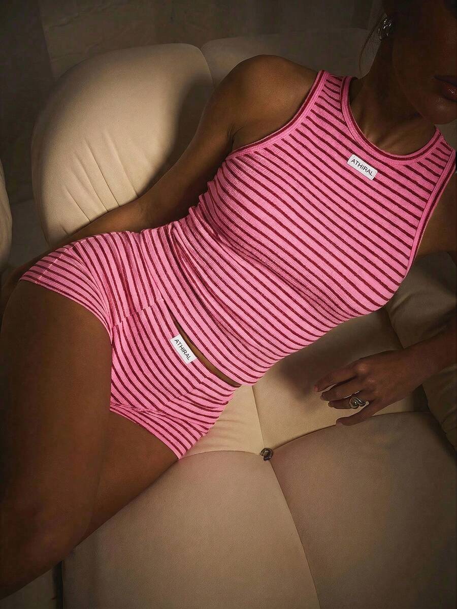 Athîral Women's Casual Daily Commute Letter & Striped Print Fitted Tank Top And Shorts 2 Pieces Set, Summer - Pink - View 1