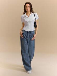 Hanevo Women's Casual Sports Back To School White Collar Puff Sleeve Fitted Blouse - White - View 4