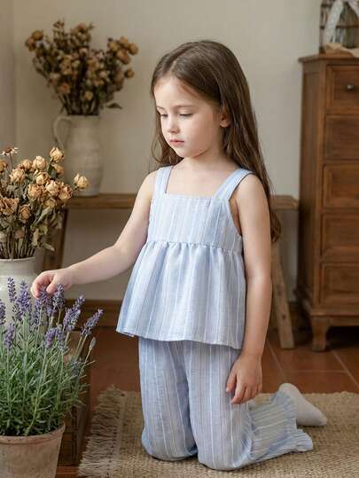 Vintaside Kids Young Girl Sleeveless Stylish Top And Simple Casual Pants Set, Suitable For Mild Weather Travel, Vacation, Camping Or Beach, Spring/Summer