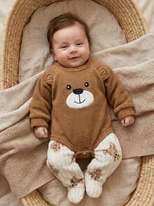 SHEIN 2pcs Baby Boy Cute Bear Print Fleece Long Sleeve Romper And Pants Comfortable Pajama Set