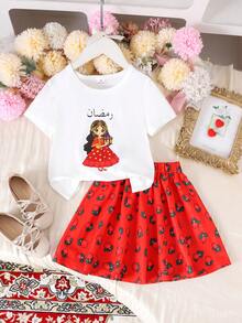 Young Girl Sweet Lantern Girl Graphic White Short Sleeve Top & Strawberry Print Red Skirt Set,Summer Family Matching Casual Stylish T-Shirt Outfit - Multicolor - View 7
