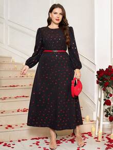 Gownix Plus Size Women's Valentine's Day Heart Print Lantern Sleeve Waist Cinched Dress,Black And Red Autumn Elegant Party New Year Eve Nye Outfits Flower - Multicolor - View 3