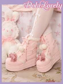 Dola Lovely Bottes courtes femme à semelle épaisse avec décoration en nœud et fourrure - Rose bonbon - Voir 4