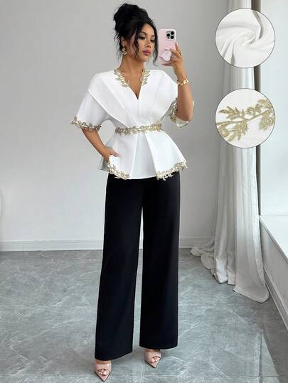 Elenzga Women's Elegant Fashion Commuter Casual Charming Retro Romantic Holiday Short Sleeve V-Neck Waist Cinched A-Line Hem Contrast Color Trim Solid Straight Leg Pants 2-Piece Set