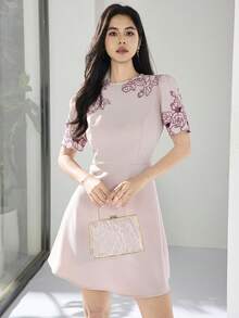Heiryn Women's Elegant Commuter Floral Embroidery Mini Dress Pink Dress Korean Dress Elegant Dress - Pink - View 6