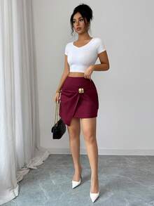 Elenzga 早春夏季休闲百褶高腰金属装饰不对称短裙，优雅百搭，适合日常、派对、情人节、婚礼等场合，时尚红色短裙 - 紅色 - 查看 5