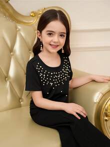 Elladie kids Young Girl Summer Casual Studded Decoration Short Sleeve T-Shirt Girls Black Short Sleeve Top Black Top With Pearls Shirts For Girls Black Girls Tops Party Girls Tops Short Sleeve Tshirts For Kid Girls Kids Girl Tops Kids Black Dresses Young Girls Clothes Blouses For Girls Cute Tops For Girls Kids Clothes For Girl T Shirts For Girls - Black - View 3