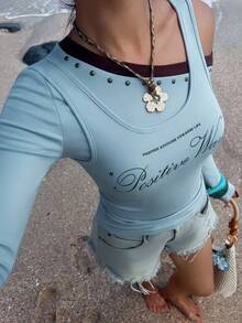 DAZY Women's Letter Print Asymmetric Collar 2 In 1 T-Shirt Y2k Spring - Blue - View 5