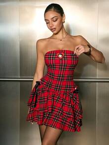 Betty Boop x SHEIN Women's Plaid & Cartoon Figure Graphic Tube Mini Dress - Red - View 4