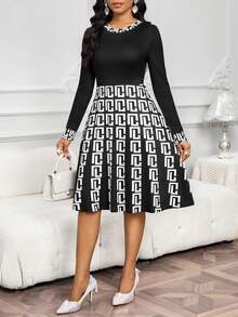 SHEIN Lady Women's Fashion Party Geometric Print Dress - Multicolor - View 3