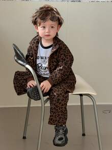 DAZY 两件套幼儿男童连帽豹纹休闲宽松卫衣外套和宽松运动裤套装