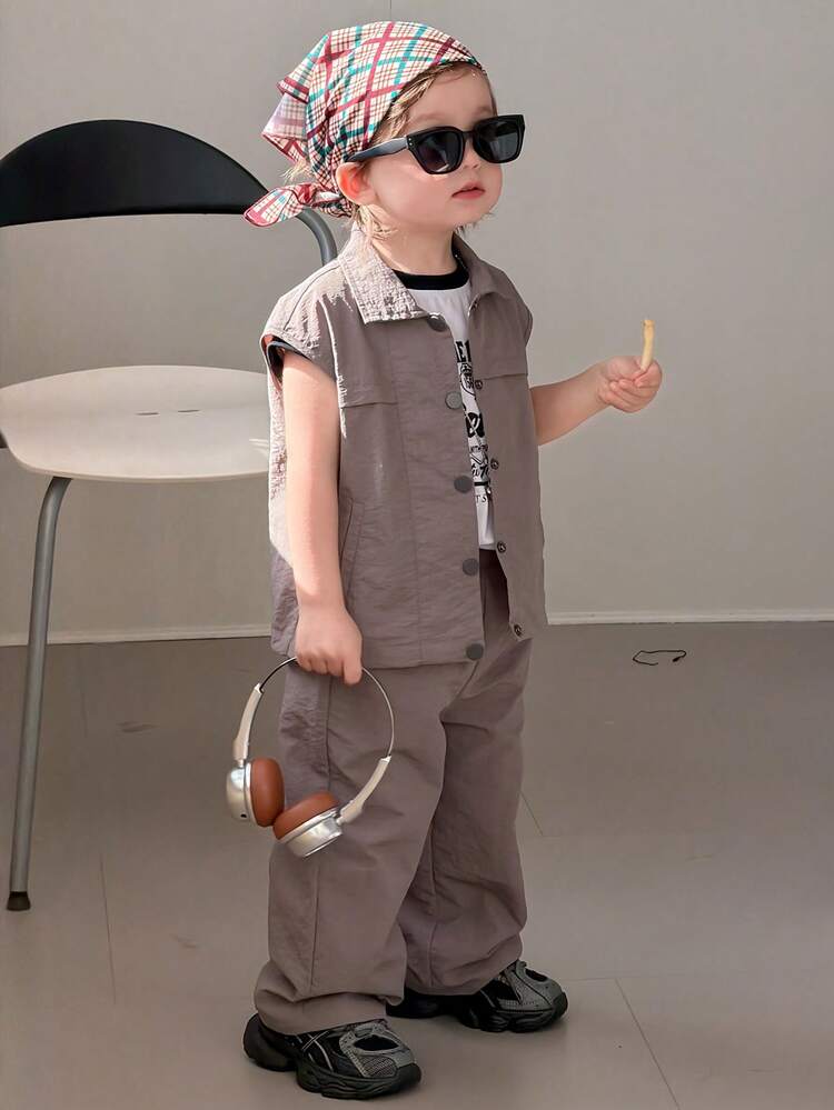 2pcs Toddler Boys' Solid Color Casual Sleeveless Vest Top And Skirt Set