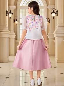 Tween Girl Casual Vacation Elegant Floral Print Puff Sleeve Shirt And Pleated Bowknot Waist Skirt Set, Pink - Pink - View 2