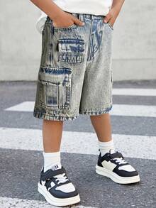 SHEIN Young Boy Street Cool Distressed Stonewashed Loose Fit Dark Grey Denim Cargo Shorts With Multiple Pockets,For Streetwear - Dark Wash - View 5