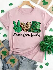 EMERY ROSE St. Patrick's Day Clover Hat Pattern Women's Round Neck Short Sleeve T-Shirt - Pink - View 1